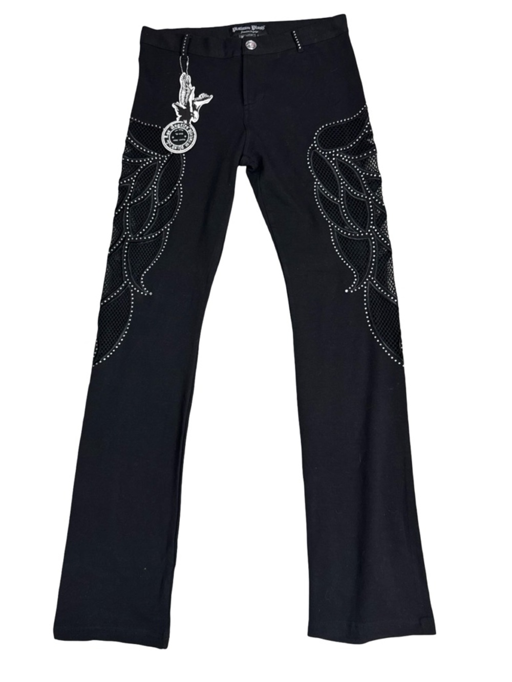 Platinum Plush Studded Embellished Mesh Cutout Wings Bootcut Pants XL Black NWT